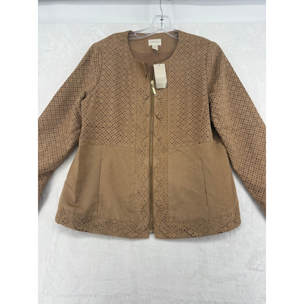 Chico's Faux Suede Jacket Womens 1 Medium Tan Perforated Scallop Zip 570155112